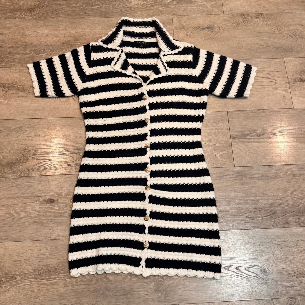 FORE Martina Polo Striped Knit Collared Short Sleeve Dress Medium M Button Front